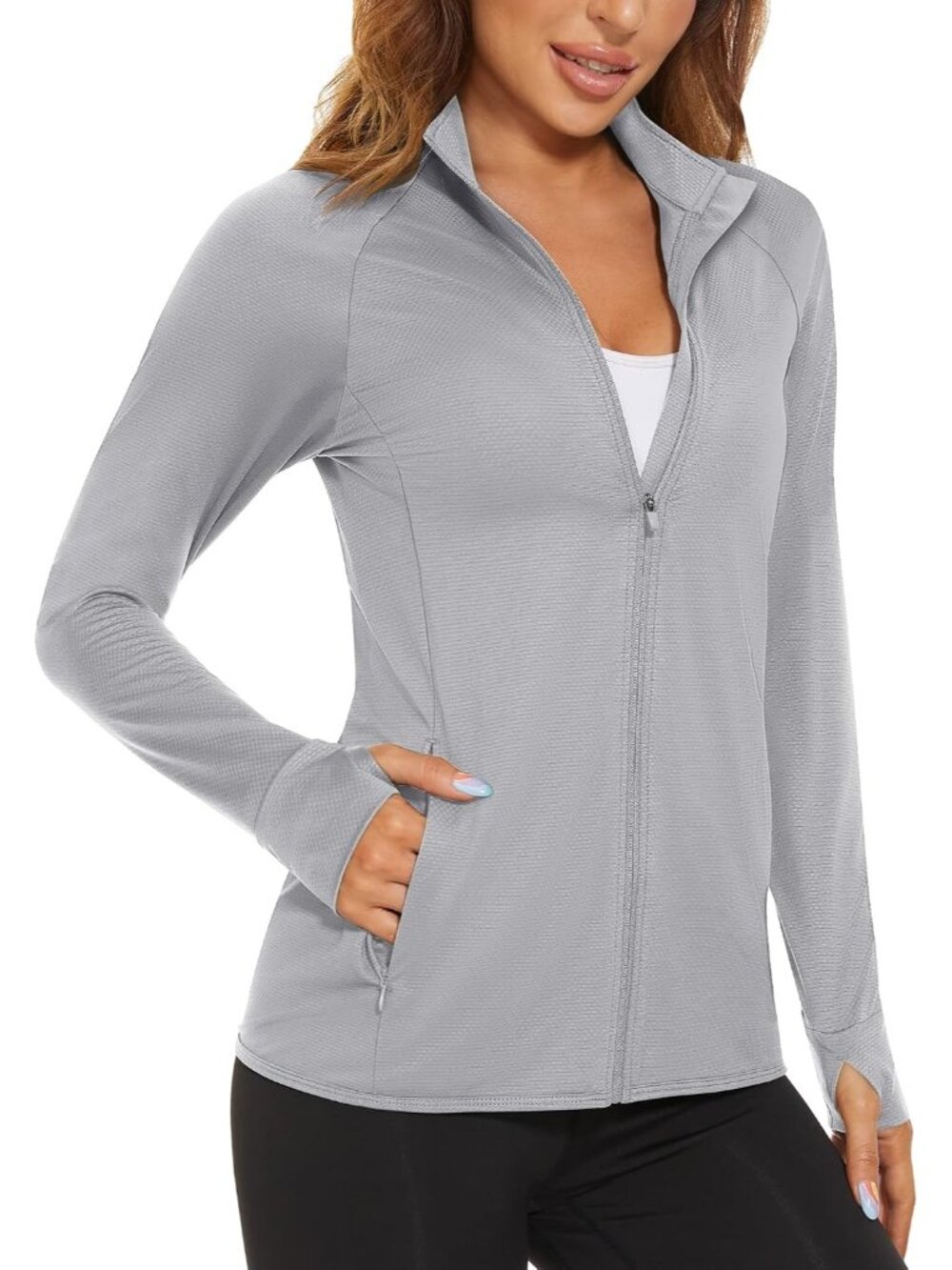 Women's Light Grey Full-Zip High Neck Side Pockets Long Sleeve Athletic Jacket